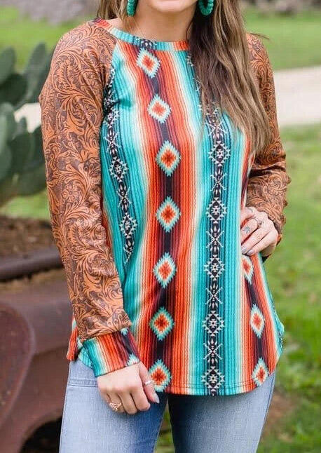 Blouses Aztec Geometric Serape Striped Paisley Raglan Sleeve Blouse in Multicolor. Size 
Blouses Aztec Geometric Serape Striped Paisley Raglan Sleeve Blouse in Multicolor. Size