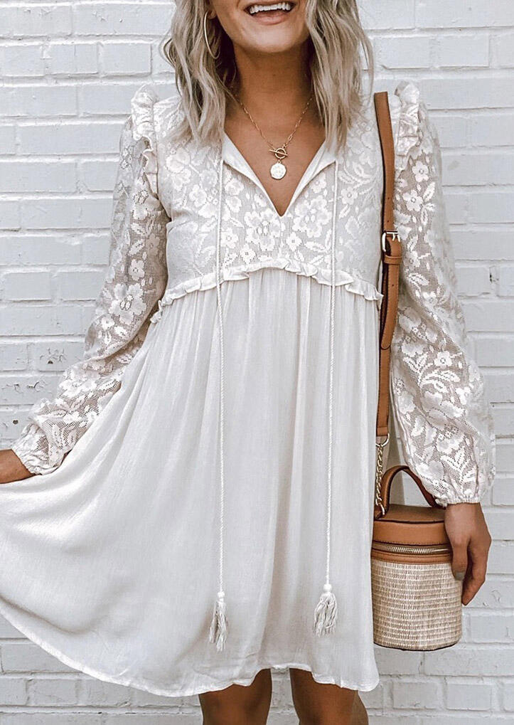 Mini Dresses Lace Floral Ruffled Tassel Drawstring Long Sleeve Mini Dress in White. Size
Mini Dresses Lace Floral Ruffled Tassel Drawstring Long Sleeve Mini Dress in White. Size