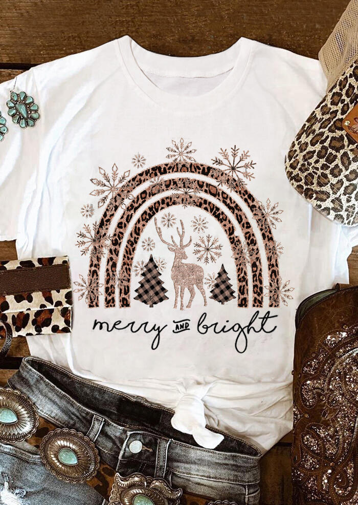 Tees T-shirts Christmas Leopard Rainbow Snowflake Plaid Merry And Bright T-Shirt Tee in White. Size 
Tees T-shirts Christmas Leopard Rainbow Snowflake Plaid Merry And Bright T-Shirt Tee in White. Size