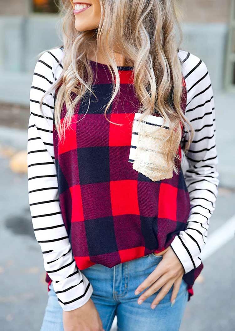Blouses Striped Sequined Pocket Plaid Splicing Long Sleeve Blouse in Plaid. Size: S
Blouses Striped Sequined Pocket Plaid Splicing Long Sleeve Blouse in Plaid. Size: S