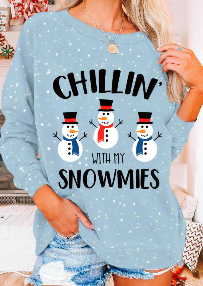Sweatshirts Chillin' with My Snowmies Pullover Sweatshirt in Light Blue. Size 
Sweatshirts Chillin' with My Snowmies Pullover Sweatshirt in Light Blue. Size