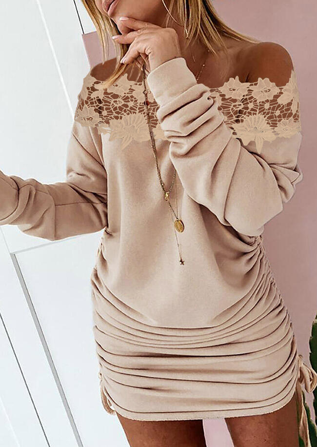 Bodycon Dresses Lace Splicing Ruched Drawstring Off Shoulder Bodycon Dress in Khaki. Size
Bodycon Dresses Lace Splicing Ruched Drawstring Off Shoulder Bodycon Dress in Khaki. Size