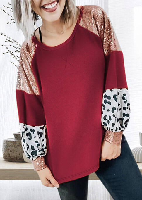 Blouses Leopard Sequined Splicing Raglan Long Sleeve Blouse in Burgundy. Size: ,M,L
Blouses Leopard Sequined Splicing Raglan Long Sleeve Blouse in Burgundy. Size: ,M,L