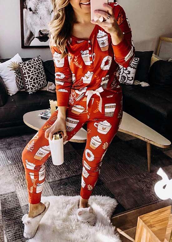 Two-Piece Sets Hot Cocoa V-Neck Button Blouse And Tie Pajamas Set in Orange. Size: S,M,,XL
Two-Piece Sets Hot Cocoa V-Neck Button Blouse And Tie Pajamas Set in Orange. Size: S,M,,XL