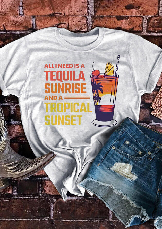 T-shirts Tees All I Need Is A Tequila Sunrise And A Tropical Sunset T-Shirt Tee in Light Grey. Size: S,,L
T-shirts Tees All I Need Is A Tequila Sunrise And A Tropical Sunset T-Shirt Tee in Light Grey. Size: S,,L