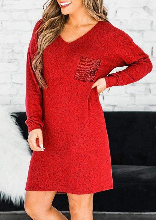 Mini Dresses Sequined Pocket Splicing V-Neck Long Sleeve Mini Dress in Red. Size: S,M,,XL
Mini Dresses Sequined Pocket Splicing V-Neck Long Sleeve Mini Dress in Red. Size: S,M,,XL