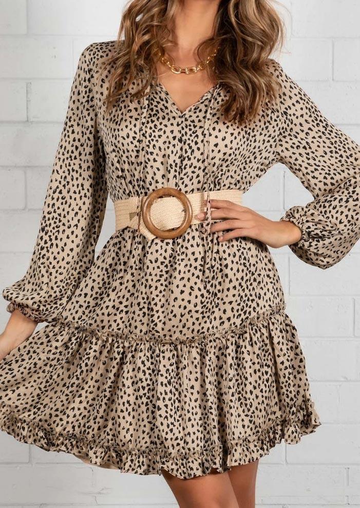 Mini Dresses Leopard Ruffled Elastic Cuff V-Neck Mini Dress without Belt in Khaki. Size: ,M,L,XL
Mini Dresses Leopard Ruffled Elastic Cuff V-Neck Mini Dress without Belt in Khaki. Size: ,M,L,XL