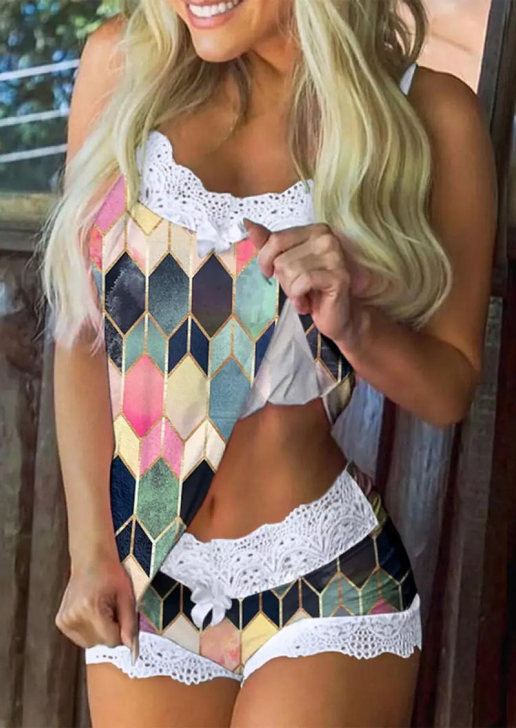 Sleepwear Colorful Geometric Lace Splicing Camisole And Shorts Pajamas Set in Multicolor. Size: ,XL
Sleepwear Colorful Geometric Lace Splicing Camisole And Shorts Pajamas Set in Multicolor. Size: ,XL