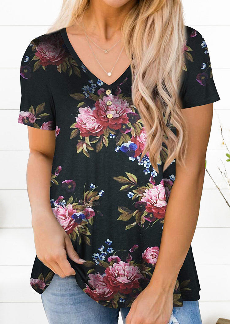 Blouses Floral Button V-Neck Blouse in Black. Size: ,XL
