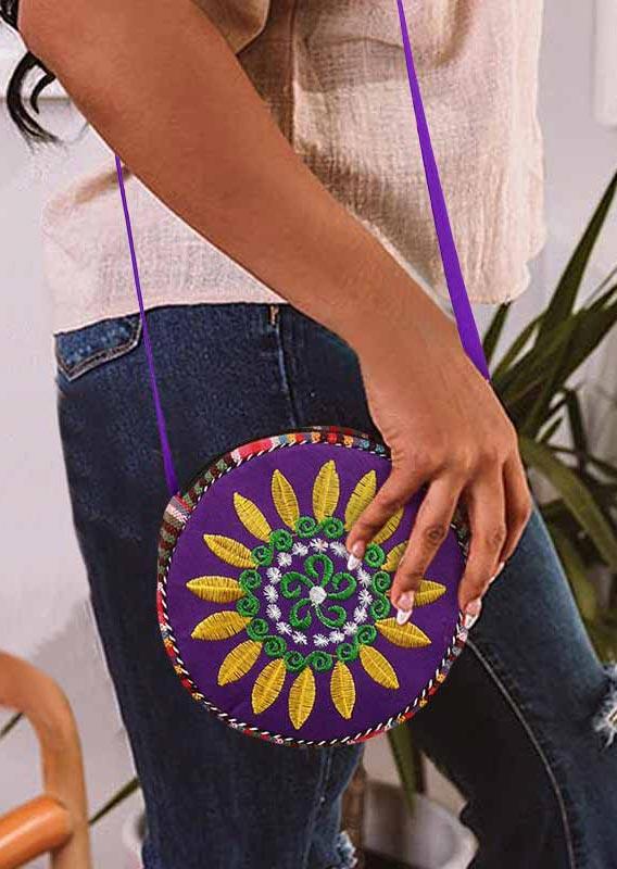 Crossbody Bag Embroidered Sunflower Striped Round Canvas Crossbody Bag in Purple. Size
Crossbody Bag Embroidered Sunflower Striped Round Canvas Crossbody Bag in Purple. Size