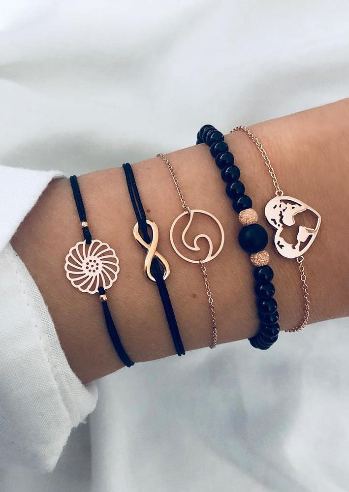 Bracelet 5Pcs Hollow Out Heart Flower Infinity Beading Bracelet Set in Black. Size
Bracelet 5Pcs Hollow Out Heart Flower Infinity Beading Bracelet Set in Black. Size