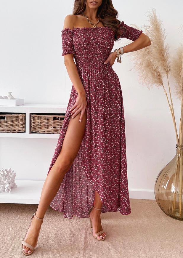 Maxi Dresses Floral Smocked Waist Slit Off Shoulder Maxi Dress in Burgundy. Size
Maxi Dresses Floral Smocked Waist Slit Off Shoulder Maxi Dress in Burgundy. Size