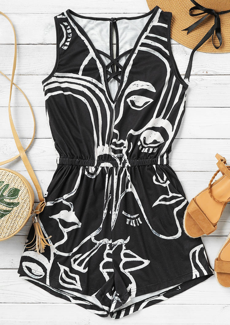 Jumpsuits & Rompers Abstract Face Criss-Cross Pocket Romper in Black. Size: ,M,L,XL
Jumpsuits & Rompers Abstract Face Criss-Cross Pocket Romper in Black. Size: ,M,L,XL