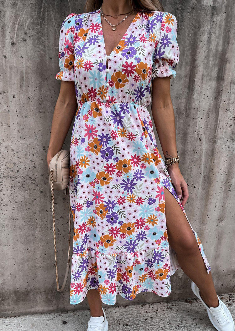 Midi Dresses Floral Button Slit V-Neck Elastic Cuff Midi Dress in Multicolor. Size
Midi Dresses Floral Button Slit V-Neck Elastic Cuff Midi Dress in Multicolor. Size