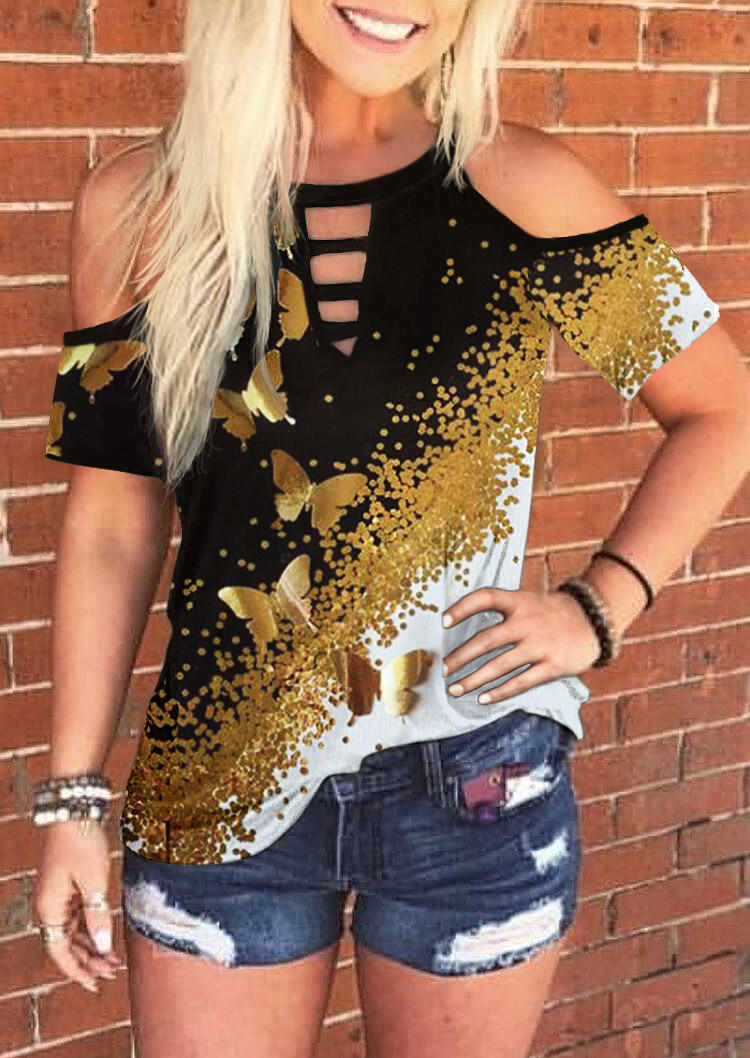 Blouses Butterfly Gradient Keyhole Neck Cold Shoulder Blouse in Black. Size: ,M,L,XL
Blouses Butterfly Gradient Keyhole Neck Cold Shoulder Blouse in Black. Size: ,M,L,XL