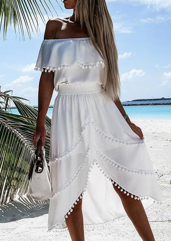 Midi Dresses Pompon Off Shoulder Layered Elastic Waist Midi Dress in White. Size
Midi Dresses Pompon Off Shoulder Layered Elastic Waist Midi Dress in White. Size