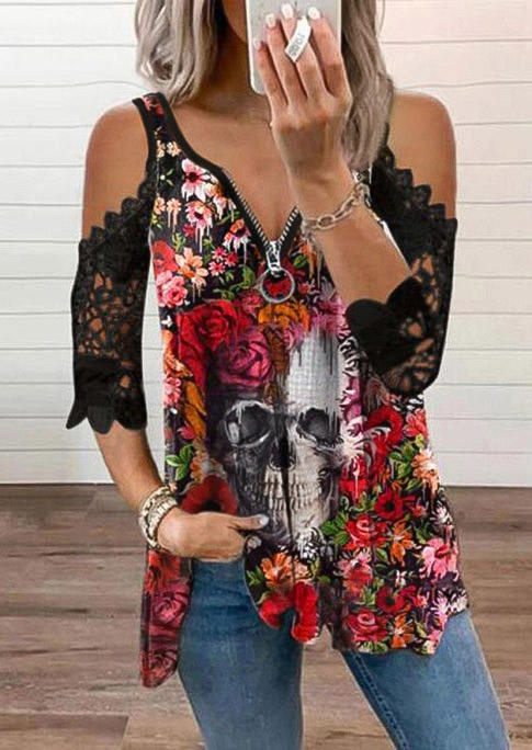 Blouses Floral Skull Lace Splicing Zipper Collar Cold Shoulder Blouse in Multicolor. Size: ,M,L,XL
Blouses Floral Skull Lace Splicing Zipper Collar Cold Shoulder Blouse in Multicolor. Size: ,M,L,XL