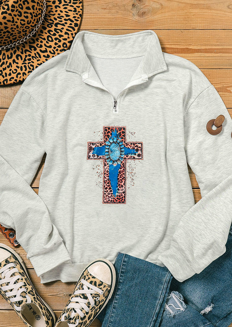 Sweatshirts Leopard Cross Turquoise Zipper Collar Sweatshirt in Light Grey. Size
Sweatshirts Leopard Cross Turquoise Zipper Collar Sweatshirt in Light Grey. Size