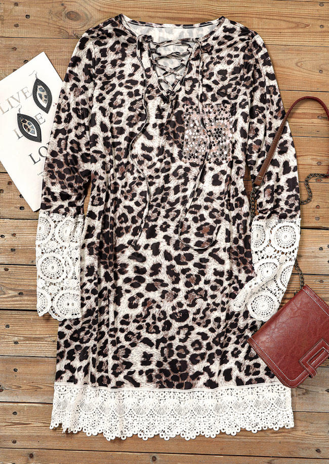 Mini Dresses Leopard Sequined Pocket Lace Criss-Cross Mini Dress in Leopard. Size
Mini Dresses Leopard Sequined Pocket Lace Criss-Cross Mini Dress in Leopard. Size