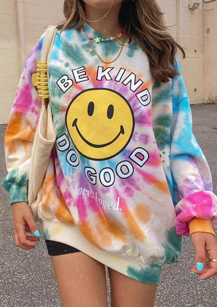 Sweatshirts Tie Dye Be Kind Smiley Face Pullover Sweatshirt in Multicolor. Size: ,M,L
Sweatshirts Tie Dye Be Kind Smiley Face Pullover Sweatshirt in Multicolor. Size: ,M,L