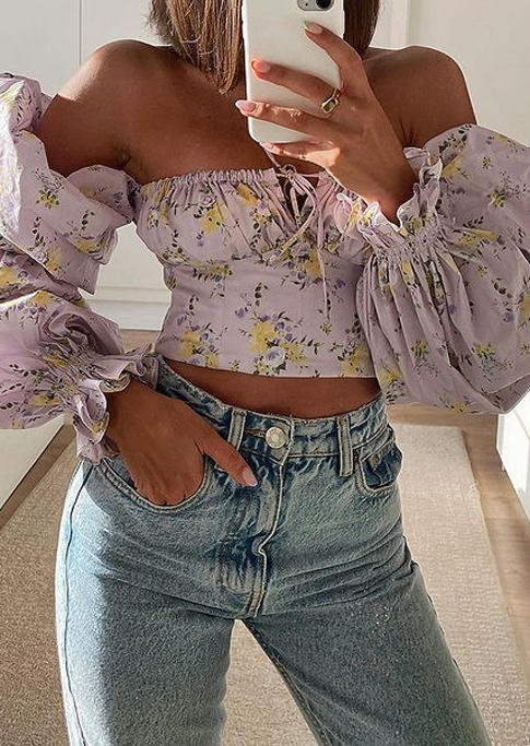 Crop Tops Floral Tie Ruffled Off Shoulder Crop Top in Light Purple. Size: ,M,L,XL
Crop Tops Floral Tie Ruffled Off Shoulder Crop Top in Light Purple. Size: ,M,L,XL