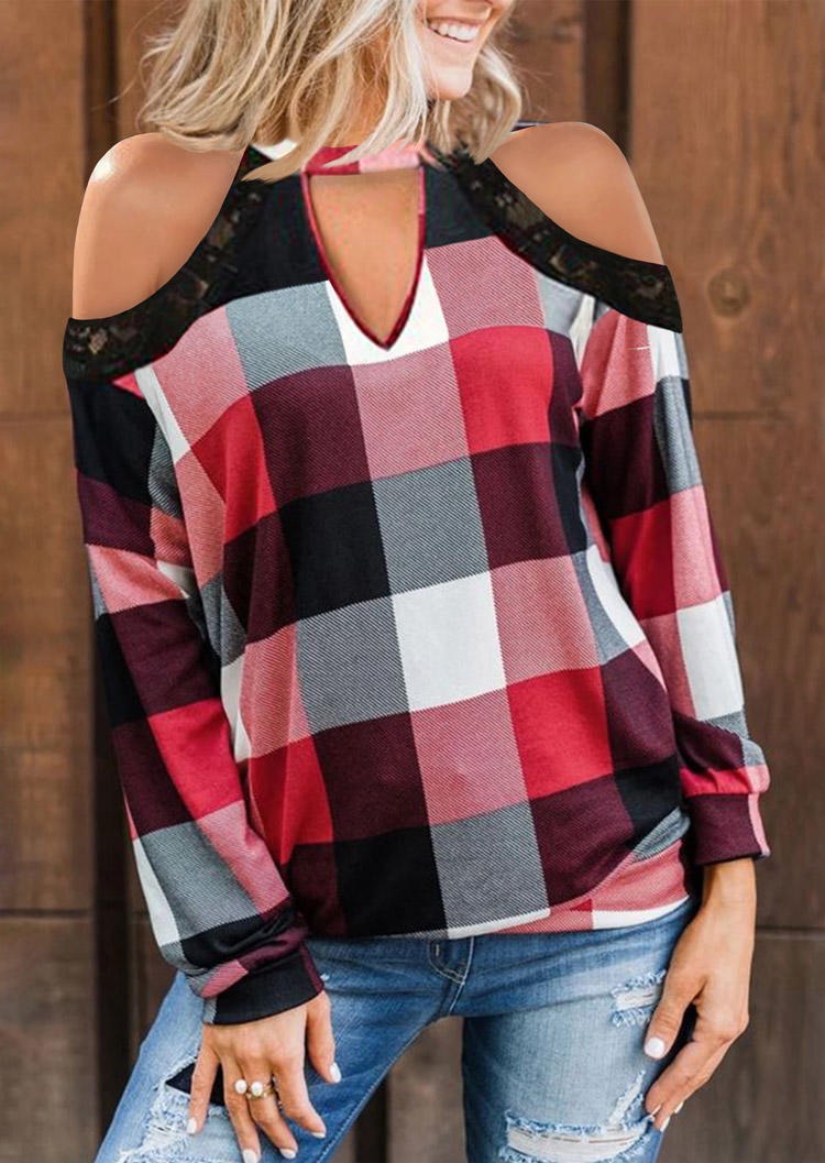 Blouses Lace Plaid Cold Shoulder Keyhole Neck Blouse in Plaid. Size: ,M,L,XL 
Blouses Lace Plaid Cold Shoulder Keyhole Neck Blouse in Plaid. Size: ,M,L,XL