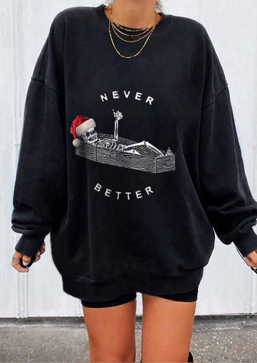 Sweatshirts Christmas Hat Skeleton Never Better Sweatshirt in Black. Size: ,M,L,XL
Sweatshirts Christmas Hat Skeleton Never Better Sweatshirt in Black. Size: ,M,L,XL