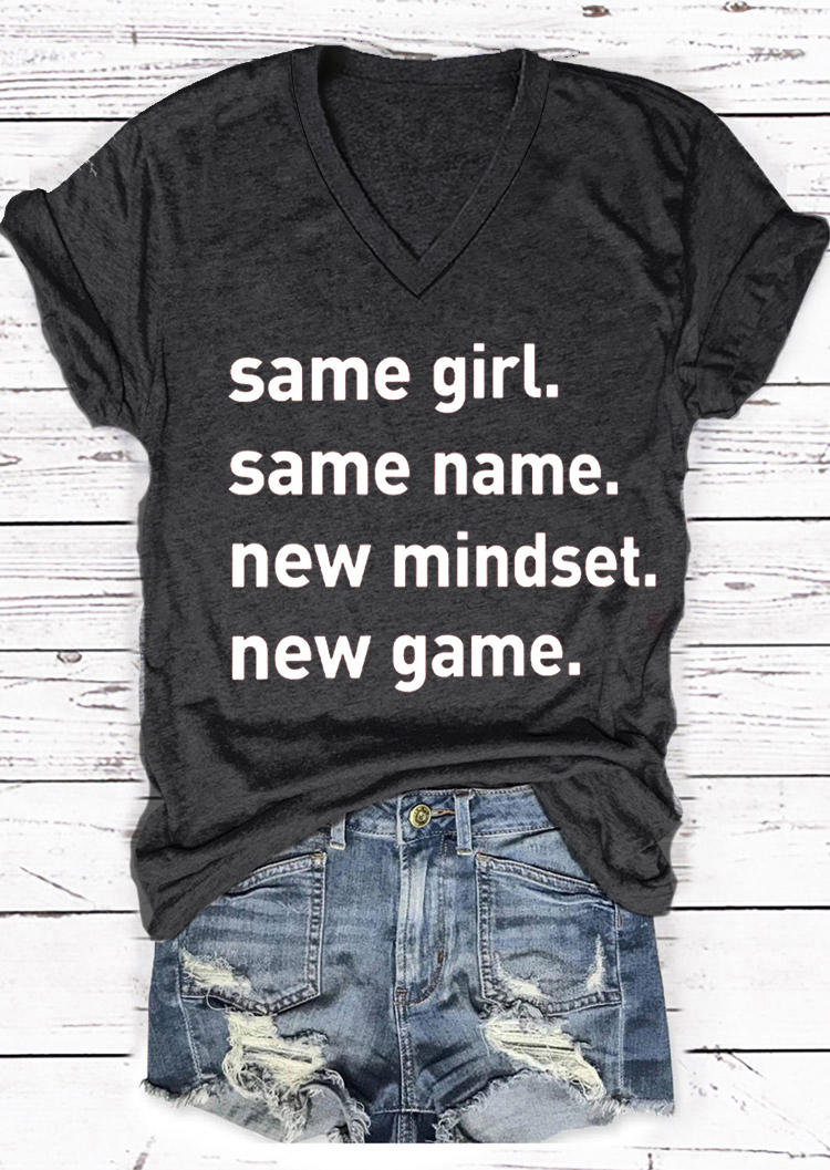 T-shirts Tees Same Girl Same Name New Mindset New Game V-Neck T-Shirt Tee in Dark Grey. Size: ,M,L,XL
T-shirts Tees Same Girl Same Name New Mindset New Game V-Neck T-Shirt Tee in Dark Grey. Size: ,M,L,XL