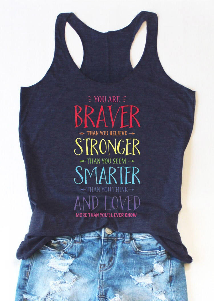 Tank Tops You're Braver Stronger Smarter And Loved Racerback Tank Top in Navy Blue. Size: ,M,L,XL
Tank Tops You're Braver Stronger Smarter And Loved Racerback Tank Top in Navy Blue. Size: ,M,L,XL