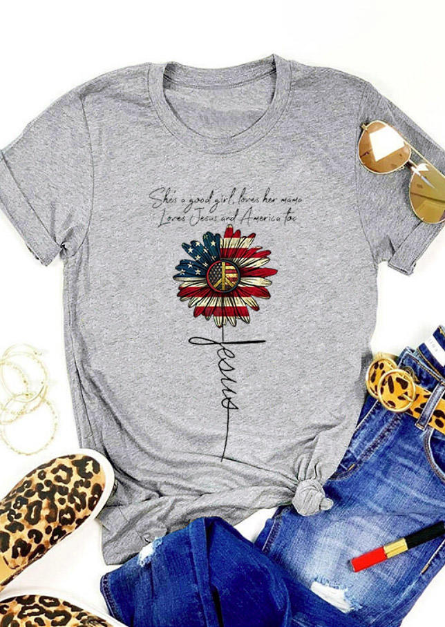 T-shirts Tees She' A Good Girl Loves Her Mama Loves Jesus And America Too Sunflower T-Shirt Tee in Gray. Size: ,M,L,XL 
T-shirts Tees She' A Good Girl Loves Her Mama Loves Jesus And America Too Sunflower T-Shirt Tee in Gray. Size: ,M,L,XL