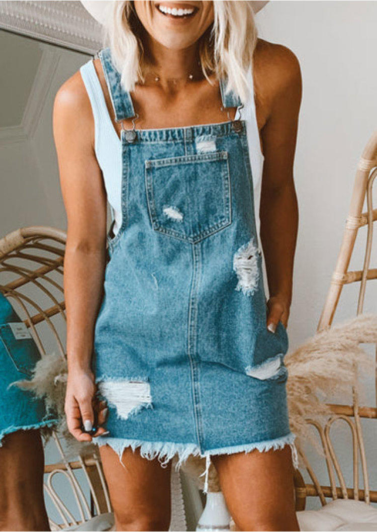 Mini Dresses Frayed Hem Ripped Hole Denim Overall Mini Dress in Blue. Size
Mini Dresses Frayed Hem Ripped Hole Denim Overall Mini Dress in Blue. Size