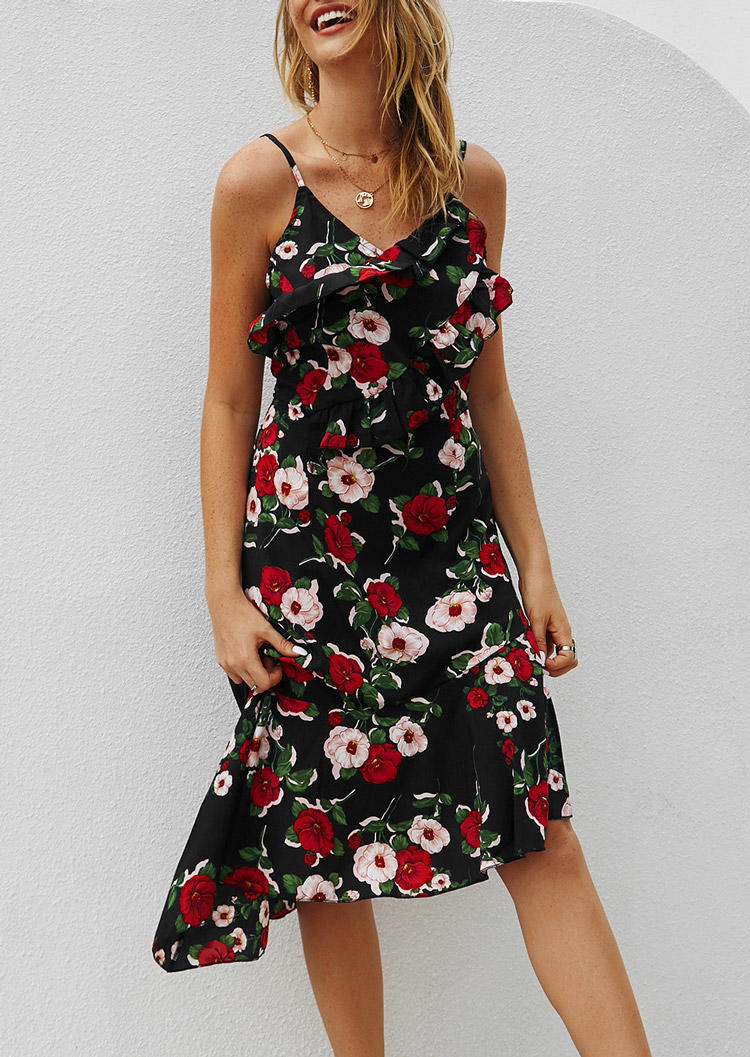 Midi Dresses Floral Ruffled Irregular Sleeveless Midi Dress in Black. Size: ,M,L,XL
Midi Dresses Floral Ruffled Irregular Sleeveless Midi Dress in Black. Size: ,M,L,XL