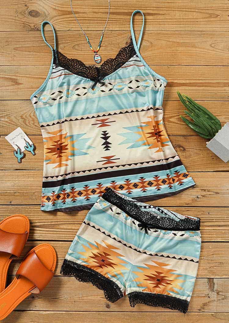 Sleepwear Aztec Geometric Lace Camisole And Shorts Pajamas Set in Multicolor. Size
Sleepwear Aztec Geometric Lace Camisole And Shorts Pajamas Set in Multicolor. Size