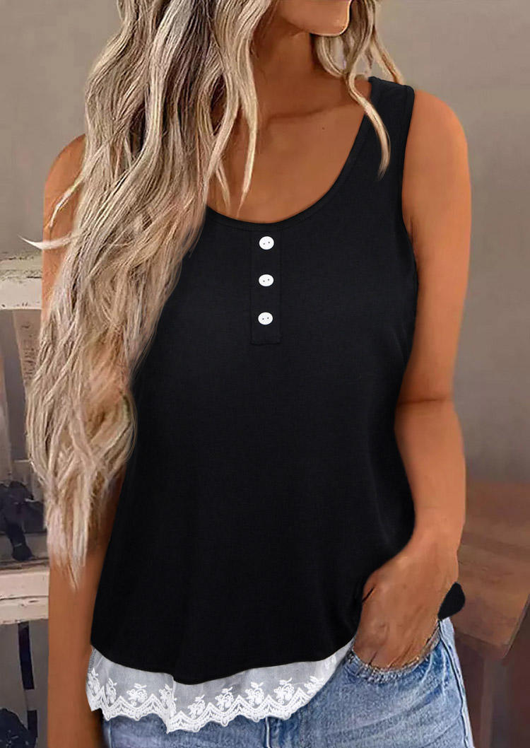 Tank Tops Lace Splicing Button Casual Tank Top in Black. Size: M