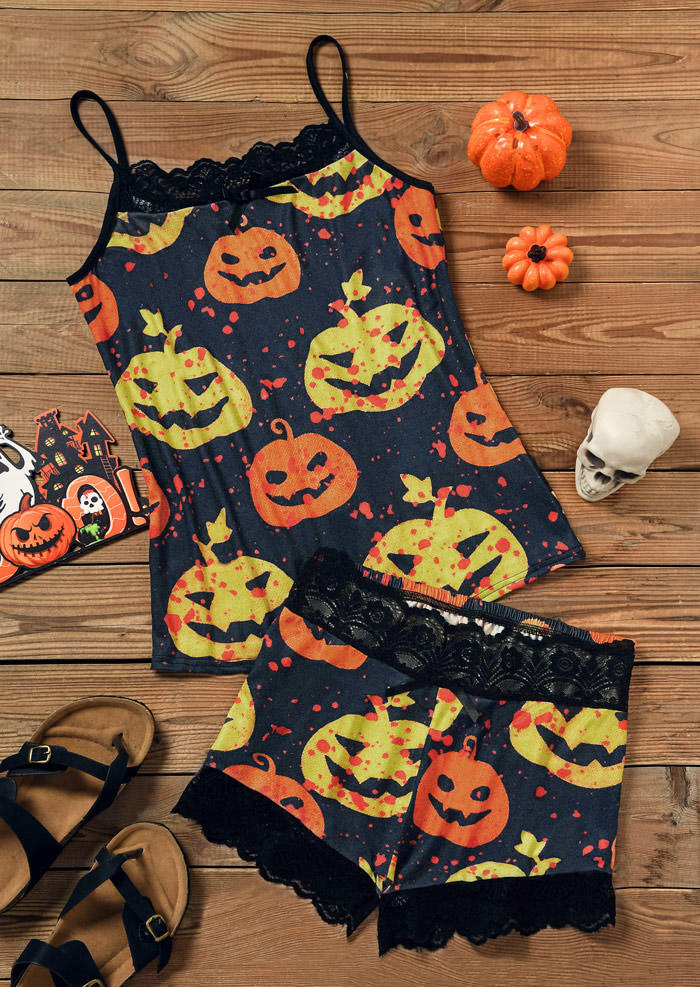 Sleepwear Halloween Pumpkin Face Lace Camisole And Shorts Pajamas Set in Multicolor. Size
Sleepwear Halloween Pumpkin Face Lace Camisole And Shorts Pajamas Set in Multicolor. Size