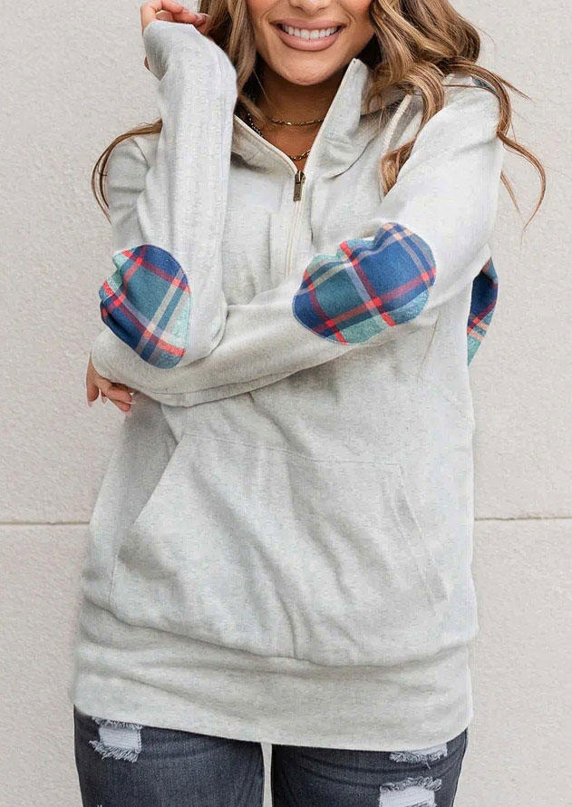 Hoodies Plaid Zipper Kangaroo Pocket Elbow Patch Hoodie - Light Grey in Gray. Size: L,M,,XL 
Hoodies Plaid Zipper Kangaroo Pocket Elbow Patch Hoodie - Light Grey in Gray. Size: L,M,,XL