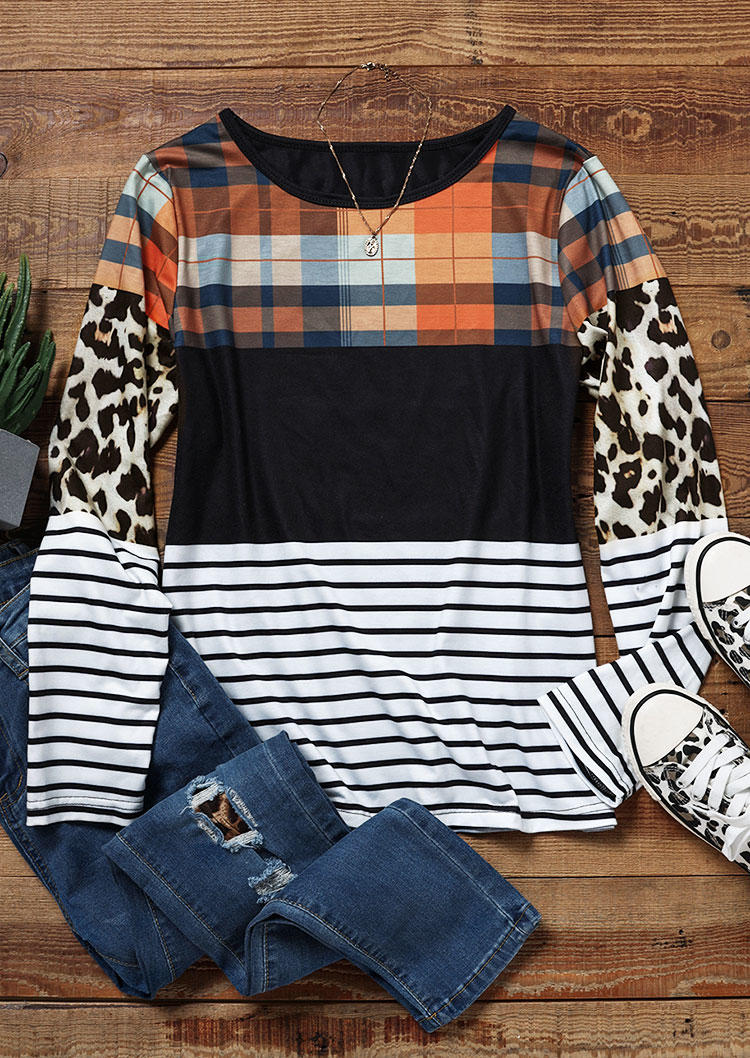 Blouses Plaid Leopard Striped Color Block O-Neck Blouse in Multicolor. Size: L,M
Blouses Plaid Leopard Striped Color Block O-Neck Blouse in Multicolor. Size: L,M