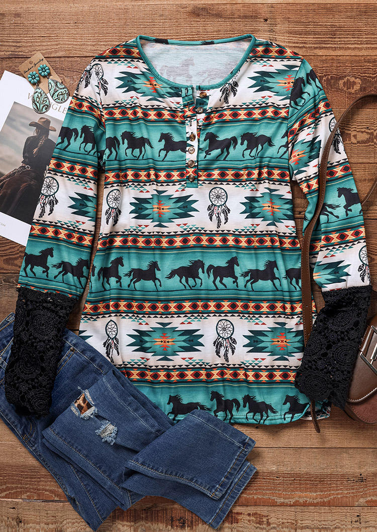 Blouses Lace Splicing Aztec Horse Dreamcatcher Feather Button Blouse in Multicolor. Size
Blouses Lace Splicing Aztec Horse Dreamcatcher Feather Button Blouse in Multicolor. Size