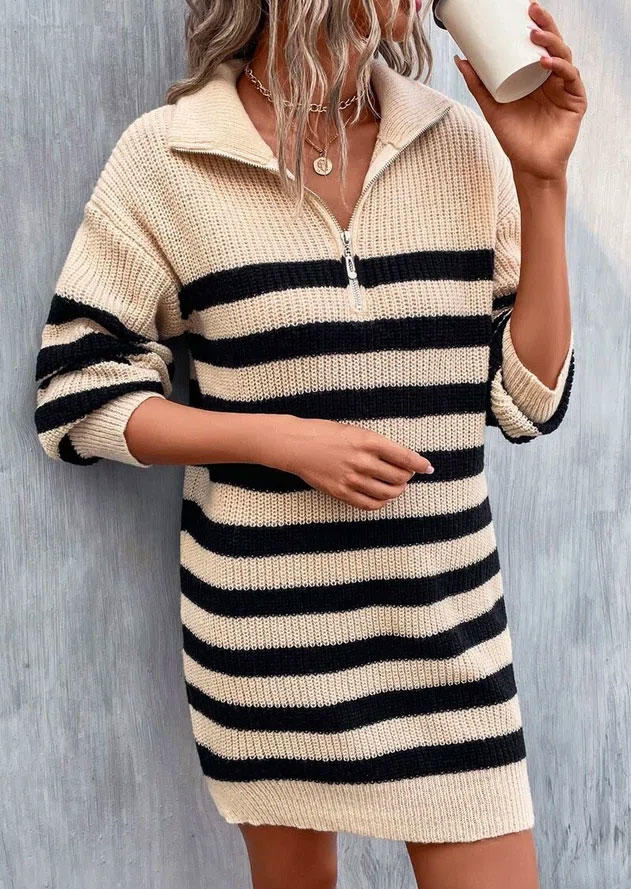Sweater Dresses Striped Zipper Turn-Down Collar Sweater Dress in Khaki. Size: L,M,,XL
Sweater Dresses Striped Zipper Turn-Down Collar Sweater Dress in Khaki. Size: L,M,,XL