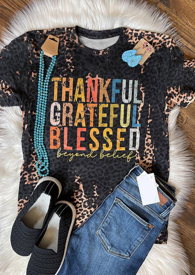 T-shirts Tees Thankful Grateful Blessed Beyond Belief Leopard T-Shirt Tee in Black. Size: L
T-shirts Tees Thankful Grateful Blessed Beyond Belief Leopard T-Shirt Tee in Black. Size: L