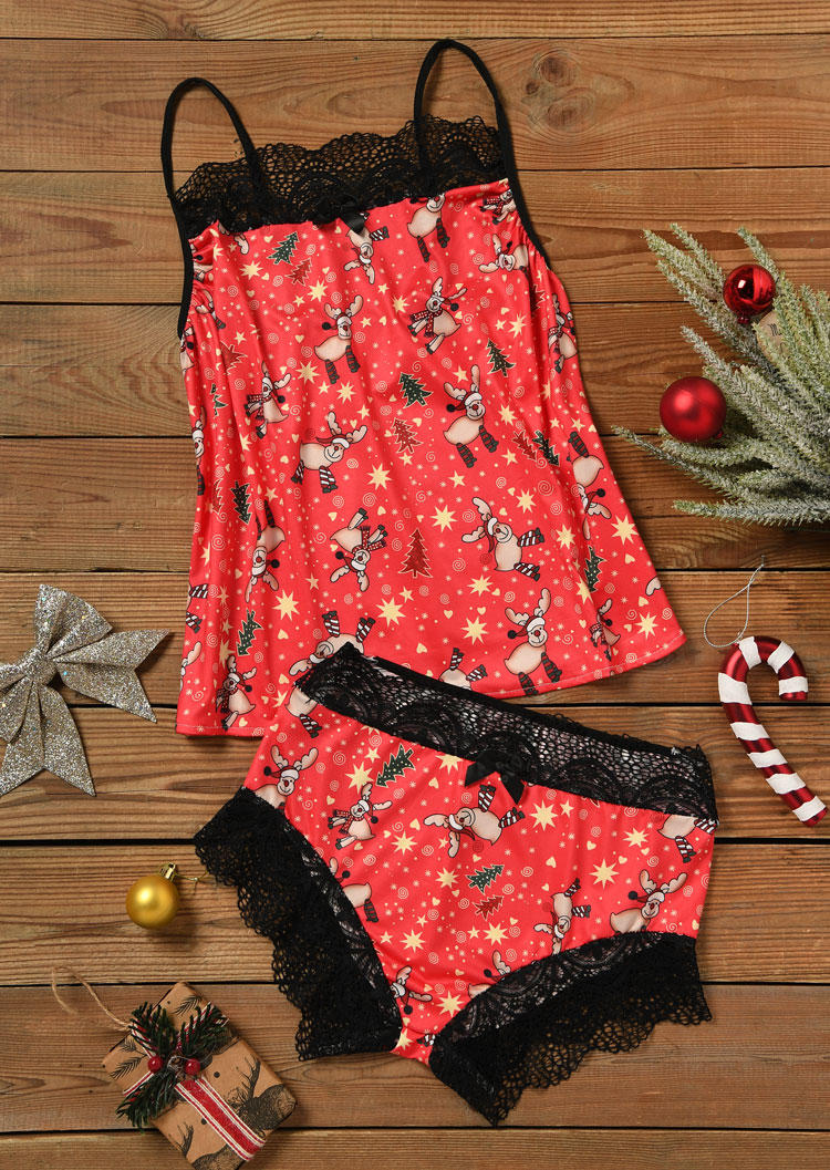 Sleepwear Christmas Lace Reindeer Camisole And Shorts Pajamas Set in Red. Size: L,M,,XL
Sleepwear Christmas Lace Reindeer Camisole And Shorts Pajamas Set in Red. Size: L,M,,XL