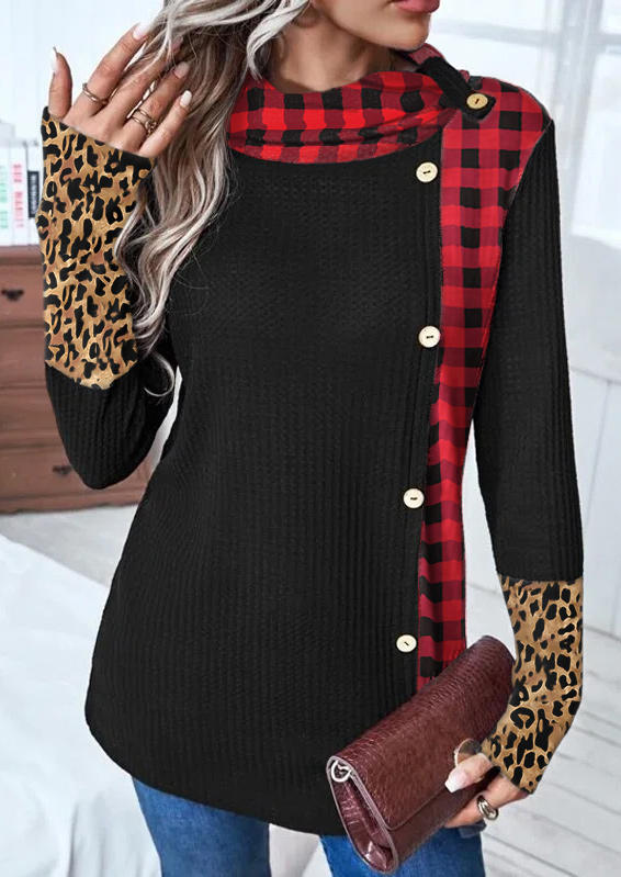 Blouses Leopard Plaid Button Long Sleeve Blouse in Black. Size: L,M,,XL