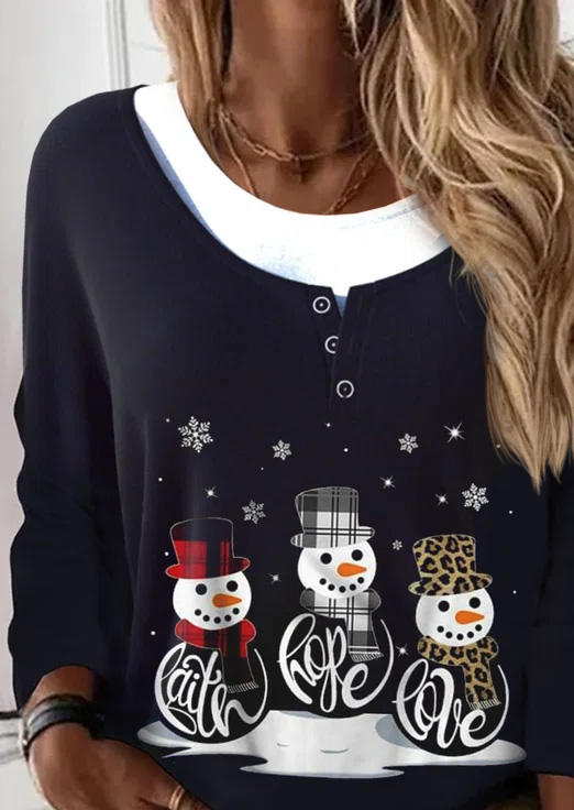 Blouses Christmas Snowman Faith Hope Love Fake Two-Piece Blouse in Black. Size: L,M,,XL
Blouses Christmas Snowman Faith Hope Love Fake Two-Piece Blouse in Black. Size: L,M,,XL