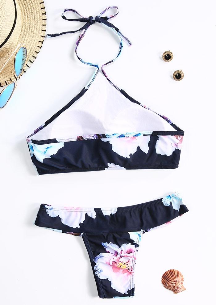 Floral Halter Open Back Tie Bikini Set Fairyseason