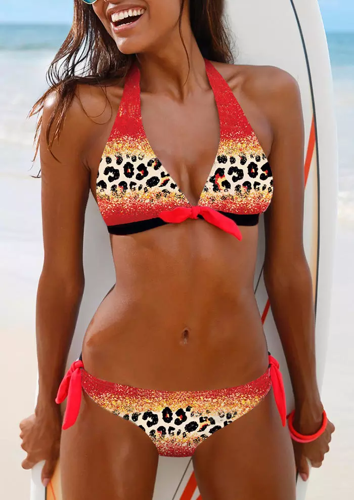 Leopard Glitter Halter Tie Bikini Set Fairyseason