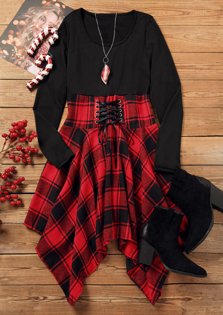 Mini Dresses Plaid Lace Up Long Sleeve O-Neck Mini Dress in Multicolor. Size: L
Mini Dresses Plaid Lace Up Long Sleeve O-Neck Mini Dress in Multicolor. Size: L
