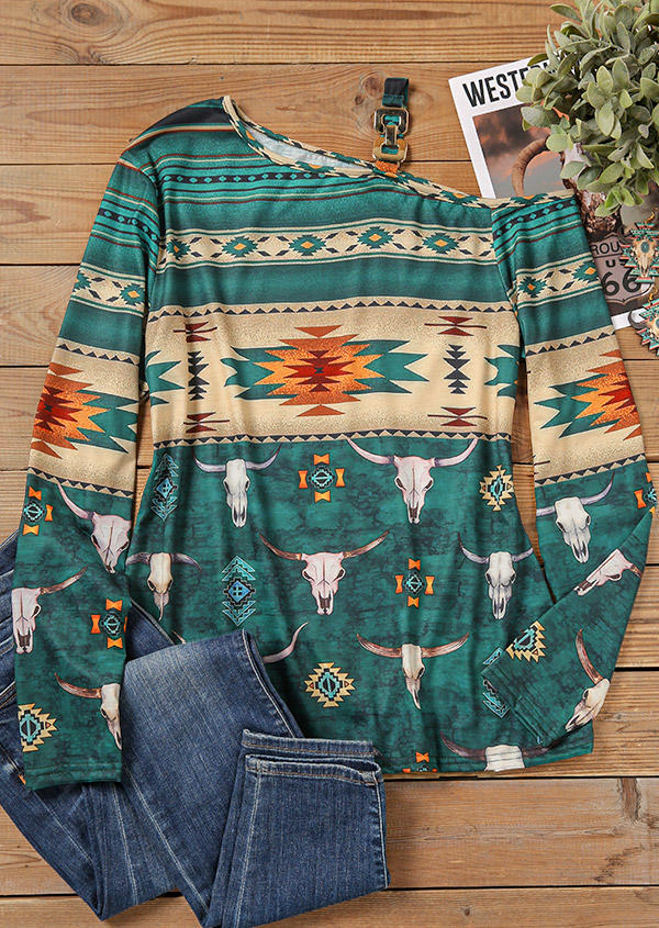 Blouses Aztec Geometric Steer Skull One Sided Cold Shoulder Blouse in Multicolor. Size
Blouses Aztec Geometric Steer Skull One Sided Cold Shoulder Blouse in Multicolor. Size