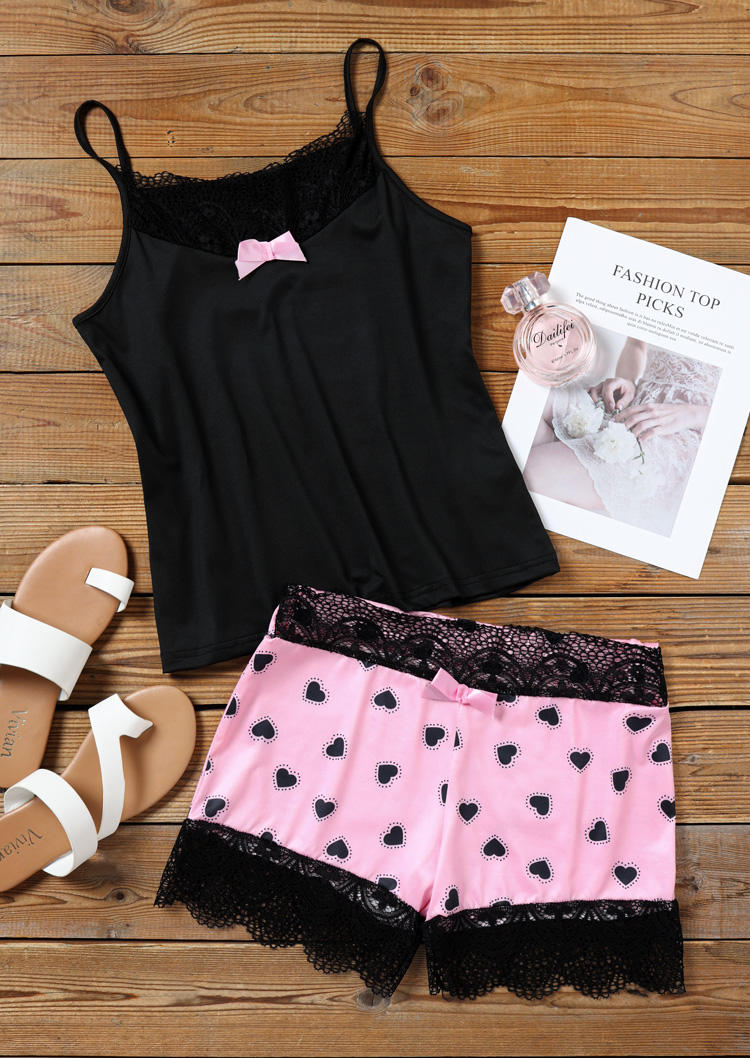 Sleepwear Lace Bowknot Camisole And Love Heart Shorts Pajamas Set in Multicolor. Size
Sleepwear Lace Bowknot Camisole And Love Heart Shorts Pajamas Set in Multicolor. Size