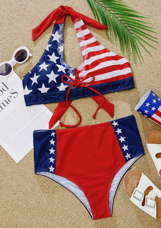 Bikini Sets American Flag Star Halter Tie High Waist Bikini Set in Multicolor. Size: M
Bikini Sets American Flag Star Halter Tie High Waist Bikini Set in Multicolor. Size: M
