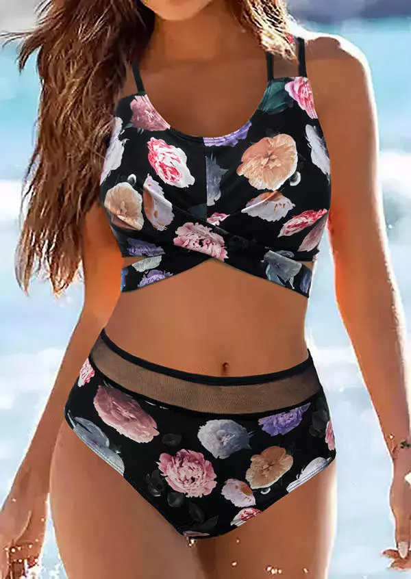 Floral Mesh Criss Cross Hollow Out Splicing Bikini Set Fairyseason